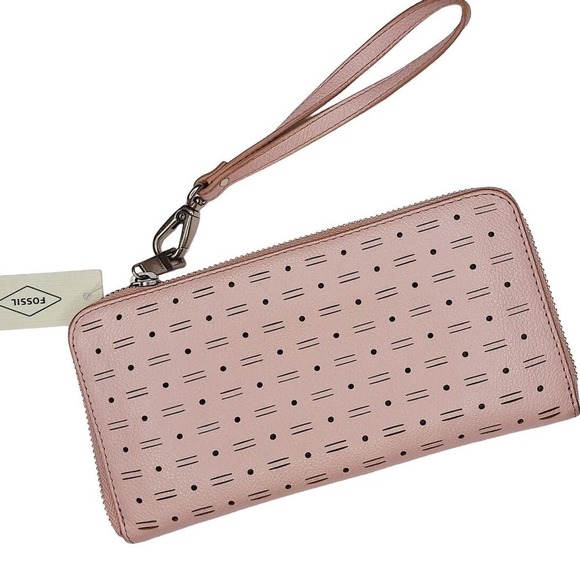 Fossil Emma Large Zip Clutch Burnished Lilac Pink Wristlet Leather Wallet RFID - Picture 1 of 15